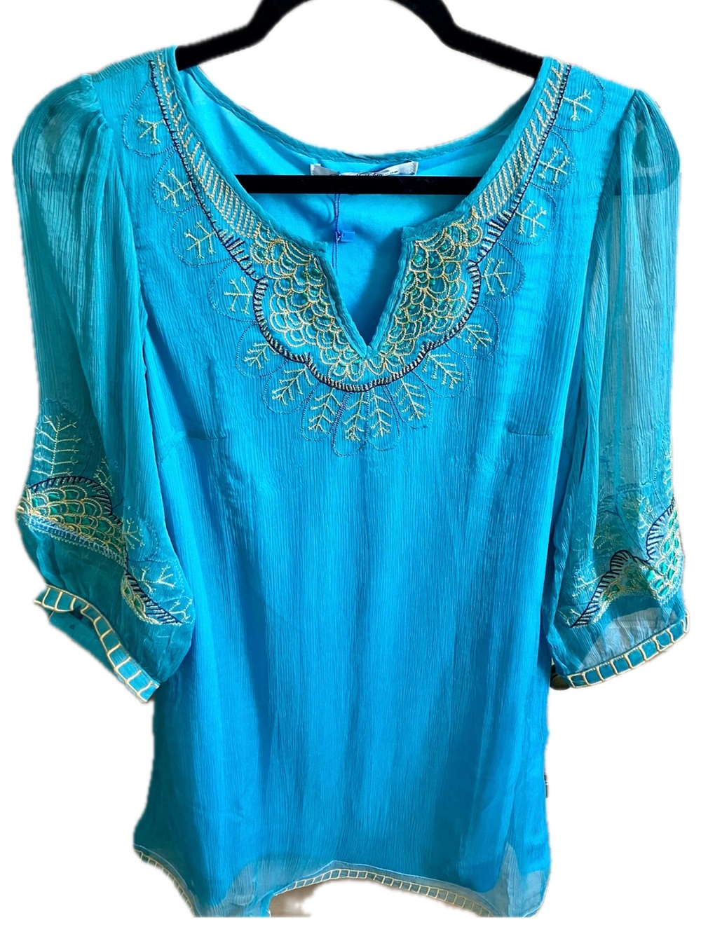 Embroidered 100% Silk V-Neck Turquoise Tunic Top